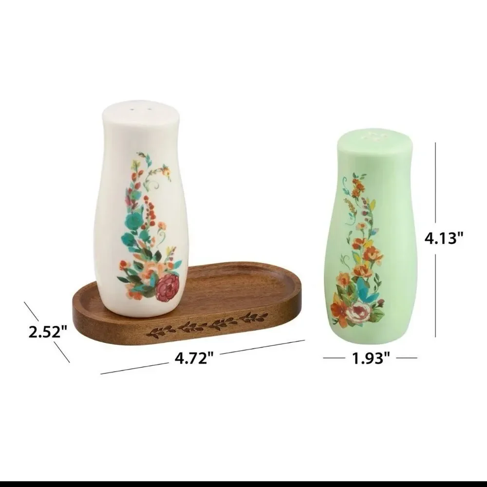 Pioneer Woman Painted Meadow Salt & Pepper Shaker Acacia Wood Base Floral Green - Picture 6 of 6